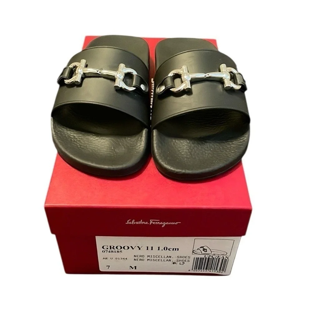 Salvatore Ferragamo Men's Black Groovy Silver‎ Buckle Slides Size 7M